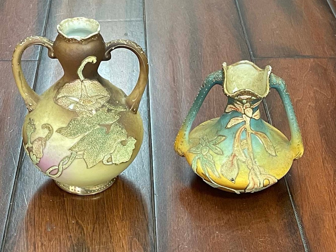 Two (2) NIPPON 'CORALENE' BLOWN-OUT 2 HANDELED PORCELAIN VASES Early 20th century, Ca. 1915-1920 (1 of 14)