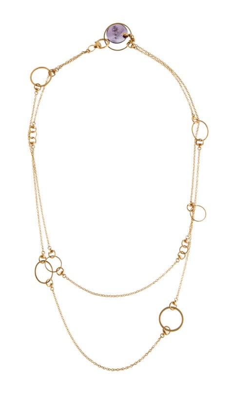 GUCCI 18K GOLD AMETHYST FLORA LIGHT HORSEBIT NECKLACE w BOX & BAG Marked, '750, Designer: GUCCI 18K GOLD AMETHYST FLORA LIGHT HORSEBIT NECKLACE w BOX & BAG Marked, '750, Designer Signature, Registered Trademark Number' made in Italy. Forged of 18K yellow gold accented with a faceted and en
