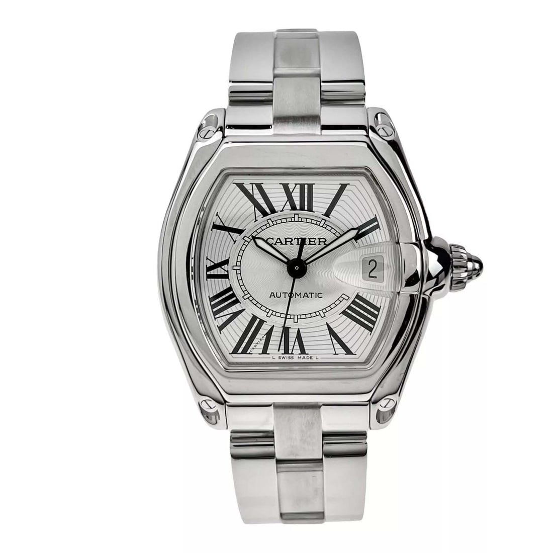 CARTIER ROADSTER LM ROMAN SILVER GUILLOCHE DIAL MENS STAINLESS STEEL AUTOMATIC WATCH 2510 W/BOX & (1 of 11)