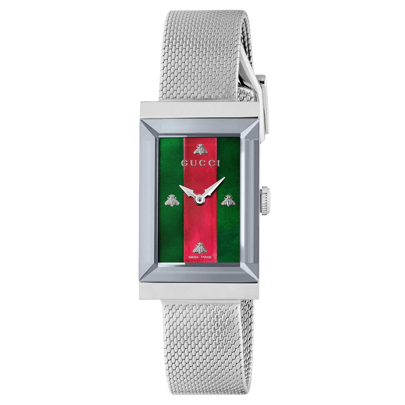 GUCCI G-FRAME BEE MOTIF GREEN & RED DIAL 147.4 LADIES WATCH, STAINLESS STEEL RECTANGLE DIAL This: GUCCI G-FRAME BEE MOTIF GREEN & RED DIAL 147.4 LADIES WATCH, STAINLESS STEEL RECTANGLE DIAL This dainty timepiece from Gucci's G-Frame collection has all the elements you expect from the luxury design
