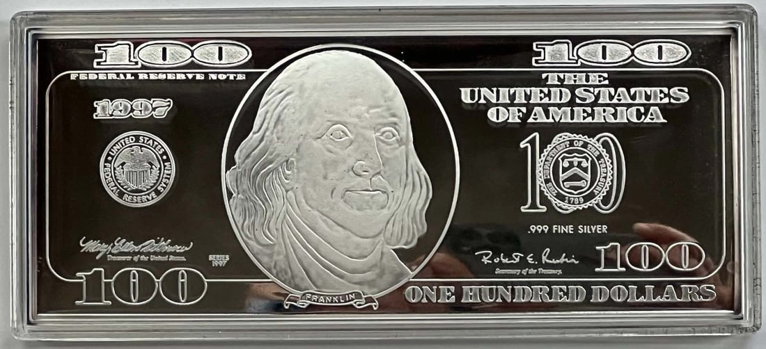 1997 THE WASHINGTON MINT 100 HUNDRED DOLLAR BENJAMIN FRANKLIN SILVER NOTE 4oz .999 FINE SILVER (1 of 2)