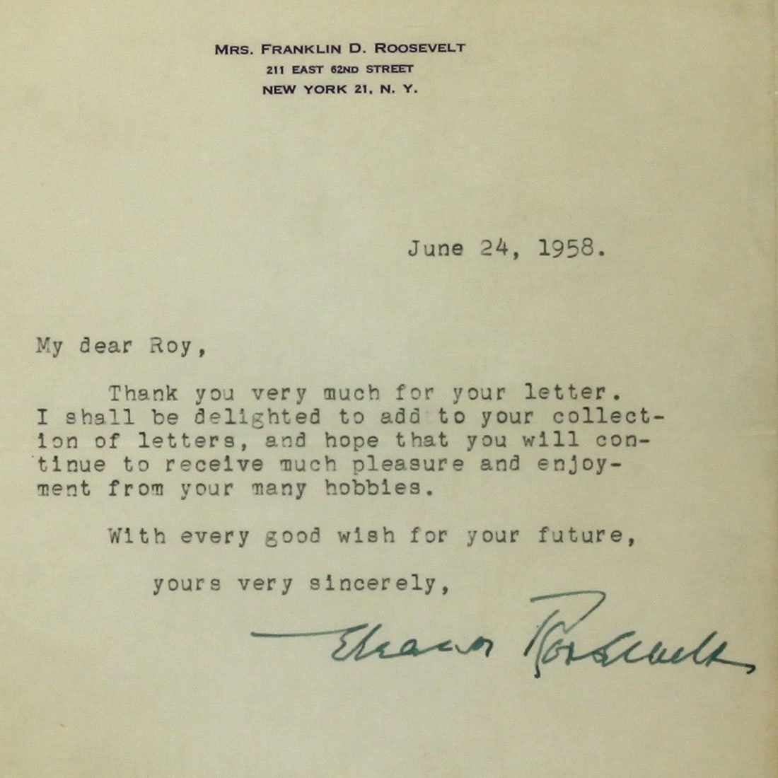 ELEANOR ROOSEVELT TYPED LETTER CA. 1958, SIGNED AUTOGRAPH, FIRST LADY Eleanor Roosevelt Typed (1 of 4)