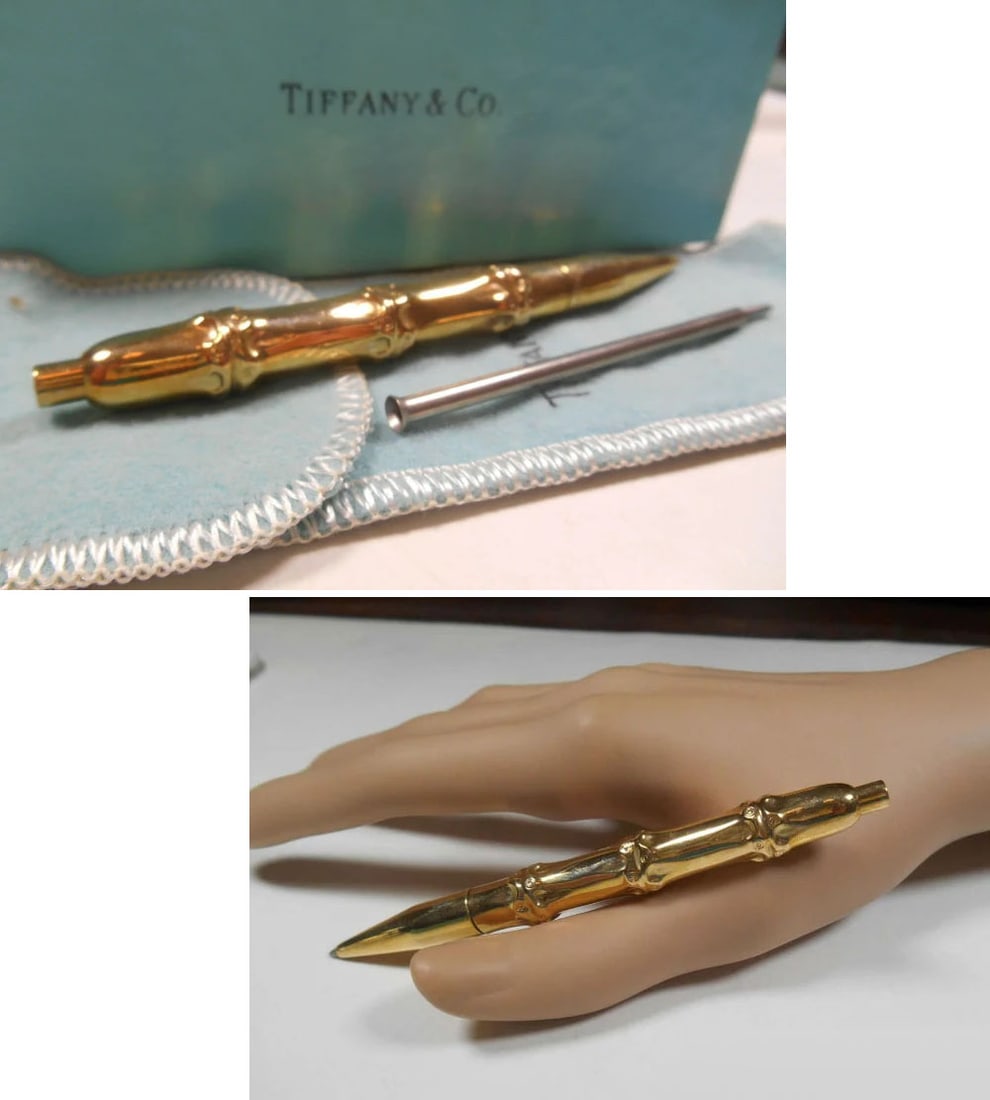 TIFFANY 14K YELLOW GOLD BAMBOO PATTERN BALL POINT PEN An outstanding rare Authentic vintage: TIFFANY 14K YELLOW GOLD BAMBOO PATTERN BALL POINT PEN An outstanding rare Authentic vintage Tiffany & Co. Vintage Authentic 14K Yellow Gold Bamboo Pattern Ball Point Pen, Marked ''14K TIFFANY & Co.'' 