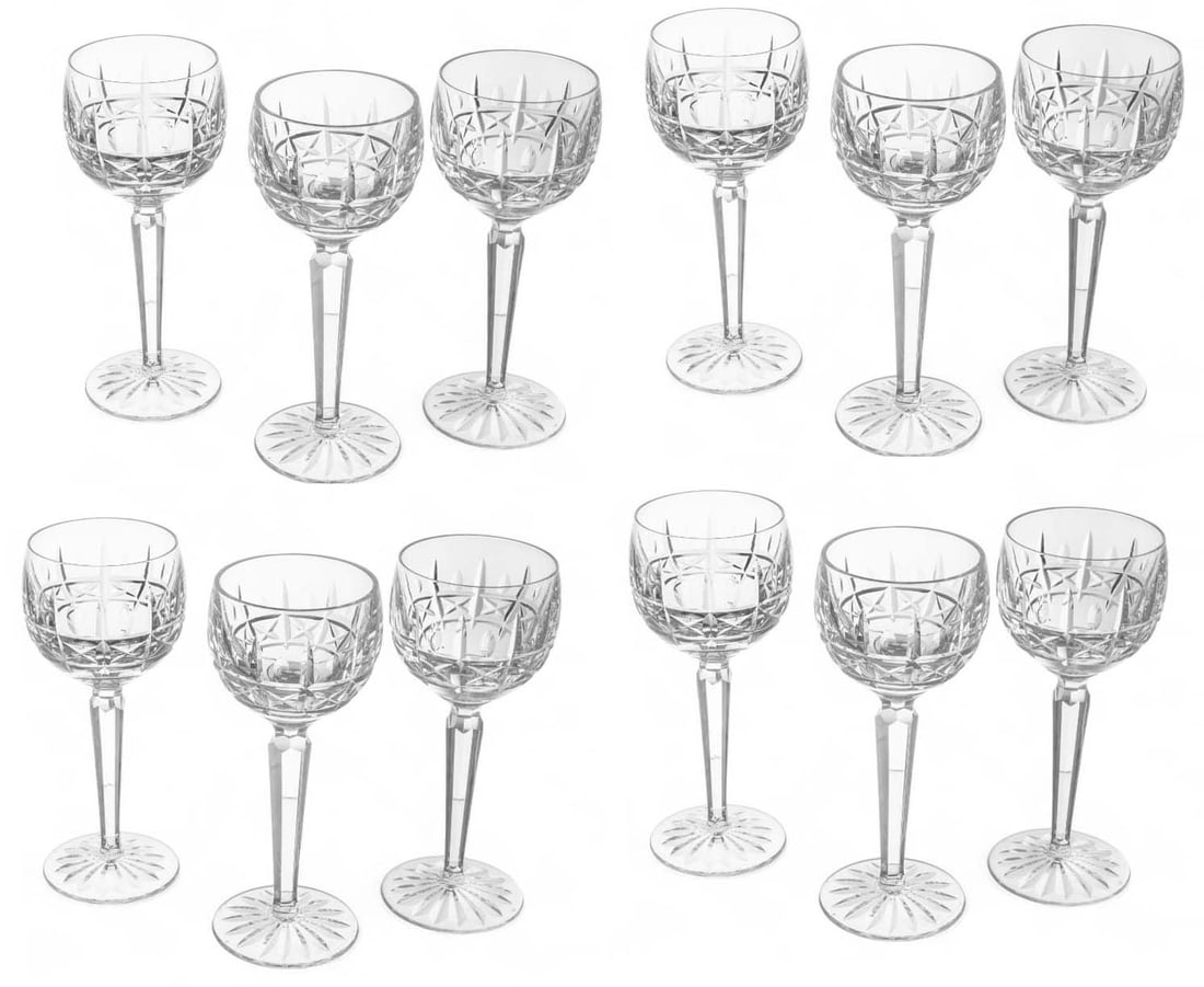 WATERFORD (IRISH) CRYSTAL KYLEMORE WINE HOCK GLASS 7-3/8 In. With hand-cut box and vertical cuts: WATERFORD (IRISH) CRYSTAL KYLEMORE WINE HOCK GLASS 7-3/8 In. With hand-cut box and vertical cuts to the bowls. Bearing signature branding acid etched to the undersides and would make a great gift or a