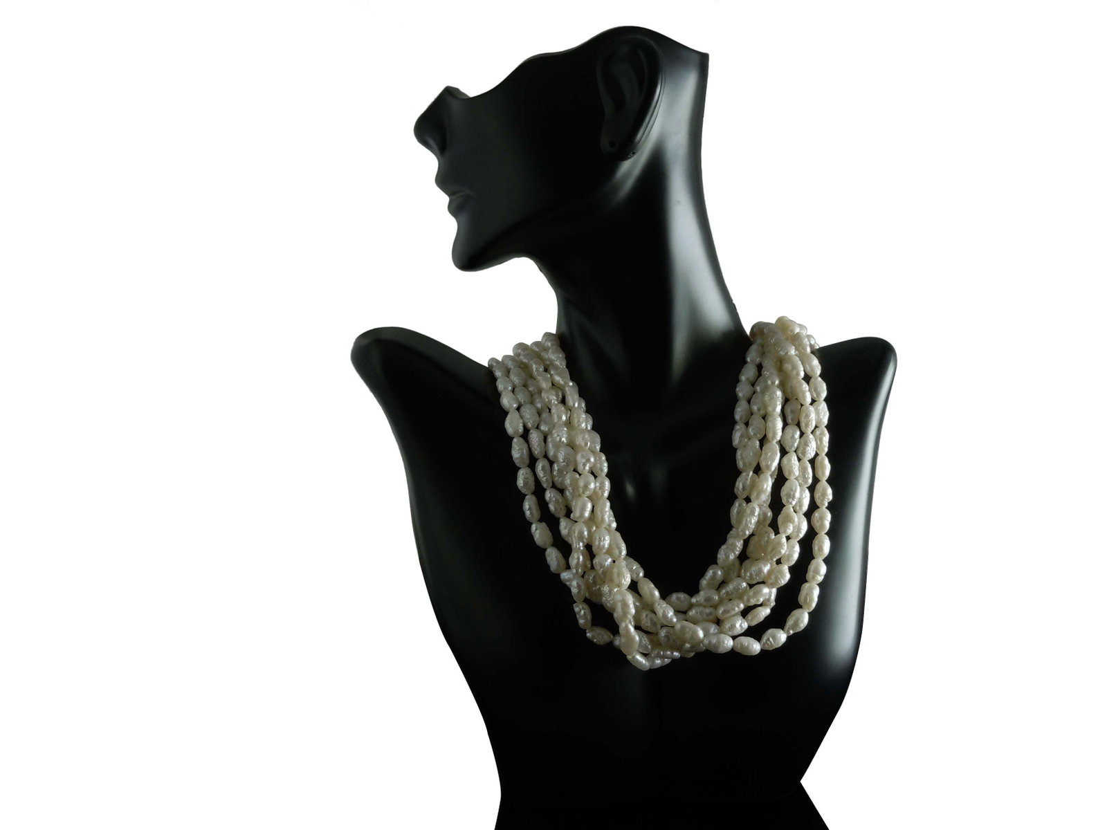 14K GOLD DIAMOND 7 STRAND BAROQUE PEARL CHOKER NECKLACE An Outstanding Vintage Grain of Rice: 14K GOLD DIAMOND 7 STRAND BAROQUE PEARL CHOKER NECKLACE An Outstanding Vintage Grain of Rice Cream White Ultra Baroque Freshwater Pearl Choker Necklace with Fancy 14K Gold Diamond Bowtie Clasp Bow Tie