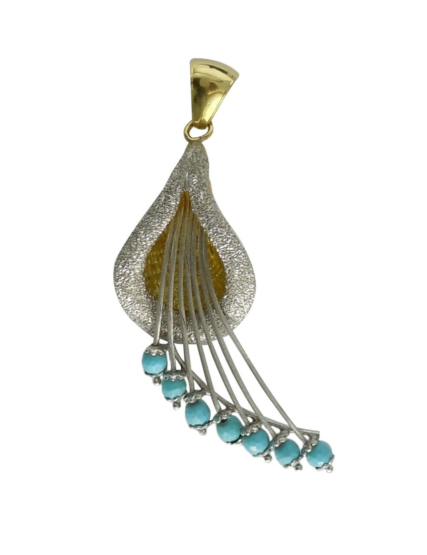 ITALIAN 18K GOLD TURQUOISE EROTIC PEACOCK PENDANT 18Kt A Stunning mid century Modern 18K Ronco: ITALIAN 18K GOLD TURQUOISE EROTIC PEACOCK PENDANT 18Kt A Stunning mid century Modern 18K Ronco Italy Turquoise Diamond Finish Modern Floral Peacock Pendant, marked ' by Ronco' on the bale and 'by