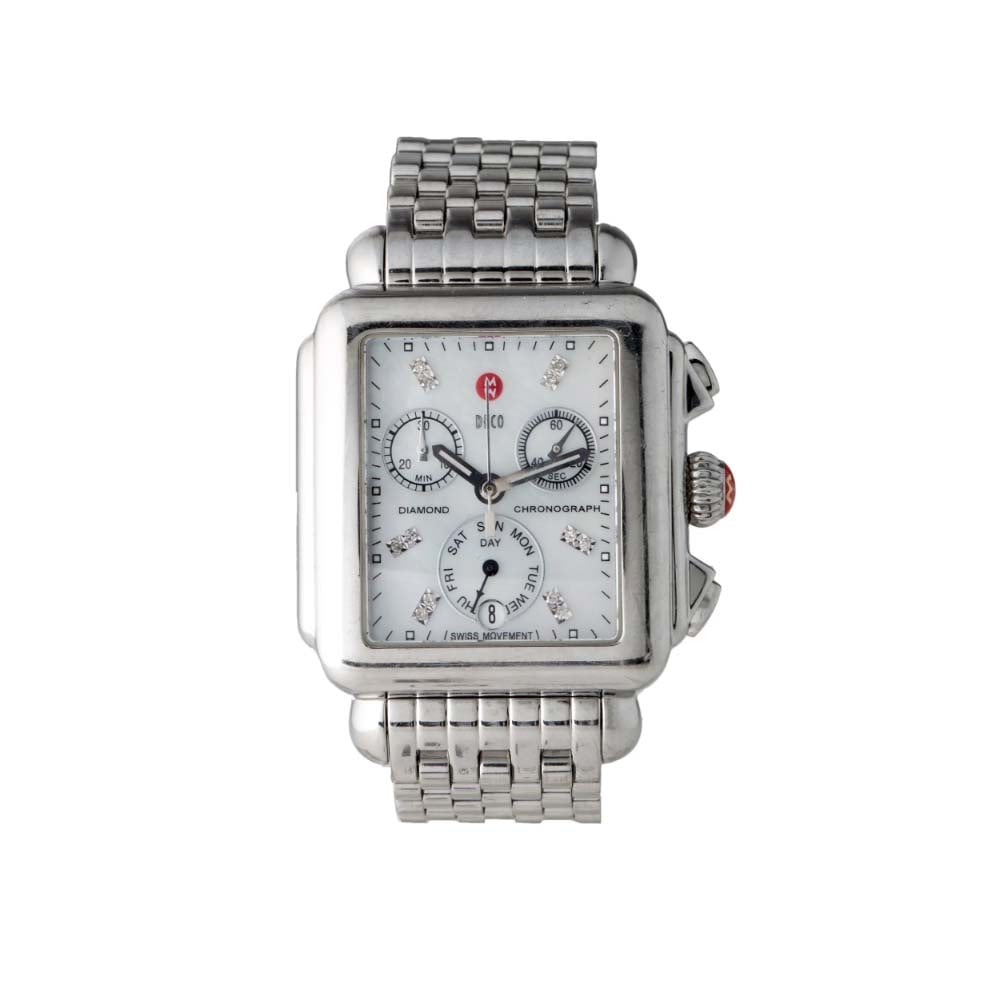 MICHELE DECO 0.05CT DIAMOND MW06P00A0046 MOP DAY-DATE CHRONOGRAPH WATCH With a Swiss quartz: MICHELE DECO 0.05CT DIAMOND MW06P00A0046 MOP DAY-DATE CHRONOGRAPH WATCH With a Swiss quartz movement, water resistant screw down case, signature red pineapple crown, 12 round natural diamonds, 0.05 ct
