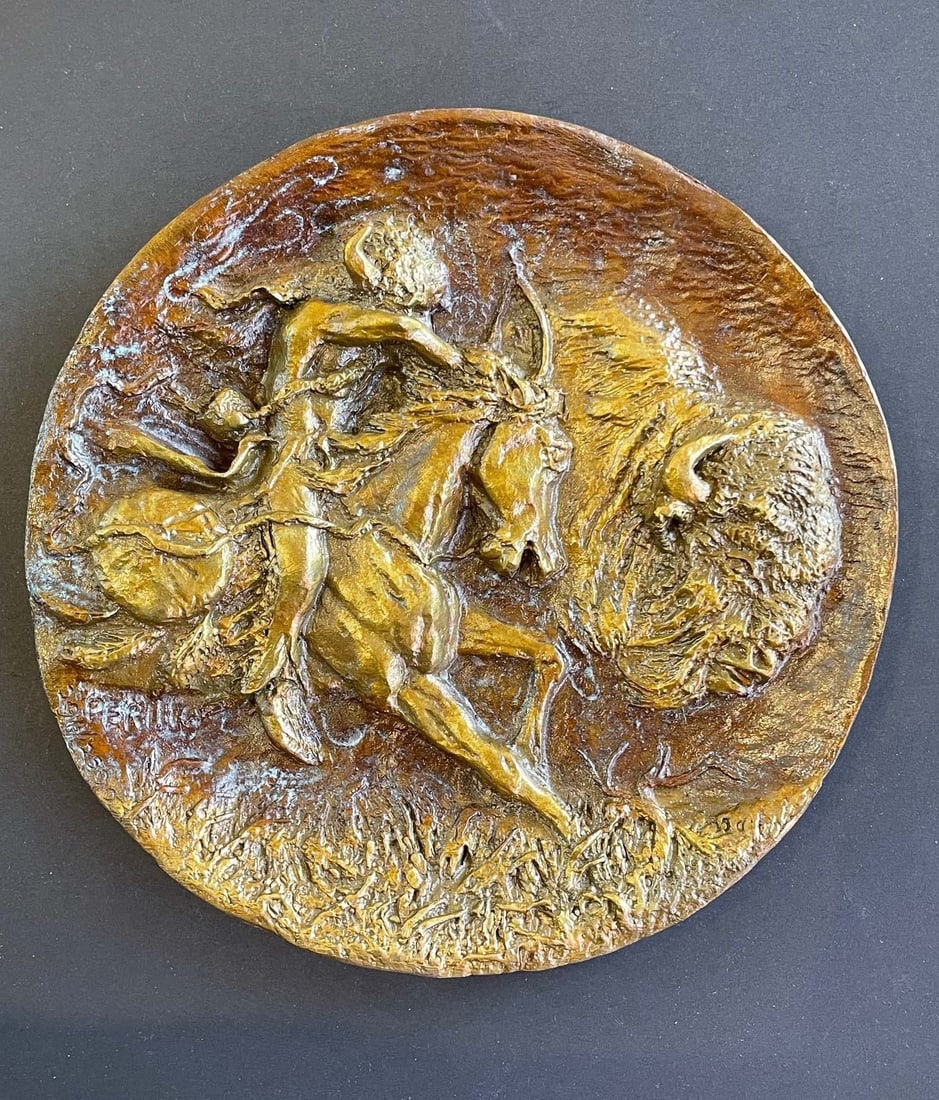 GREGORY PERILLO ROMAN BRONZE WORKS BUFFALO HUNT PLAQUE, AMERICAN, 1927-2021 This lot is for the: GREGORY PERILLO ROMAN BRONZE WORKS BUFFALO HUNT PLAQUE, AMERICAN, 1927-2021 This lot is for the two (2) plaques as seen in the first image. Gregory Perillo American, 1927-2021 Buffalo Hunt ? Lot of 2 