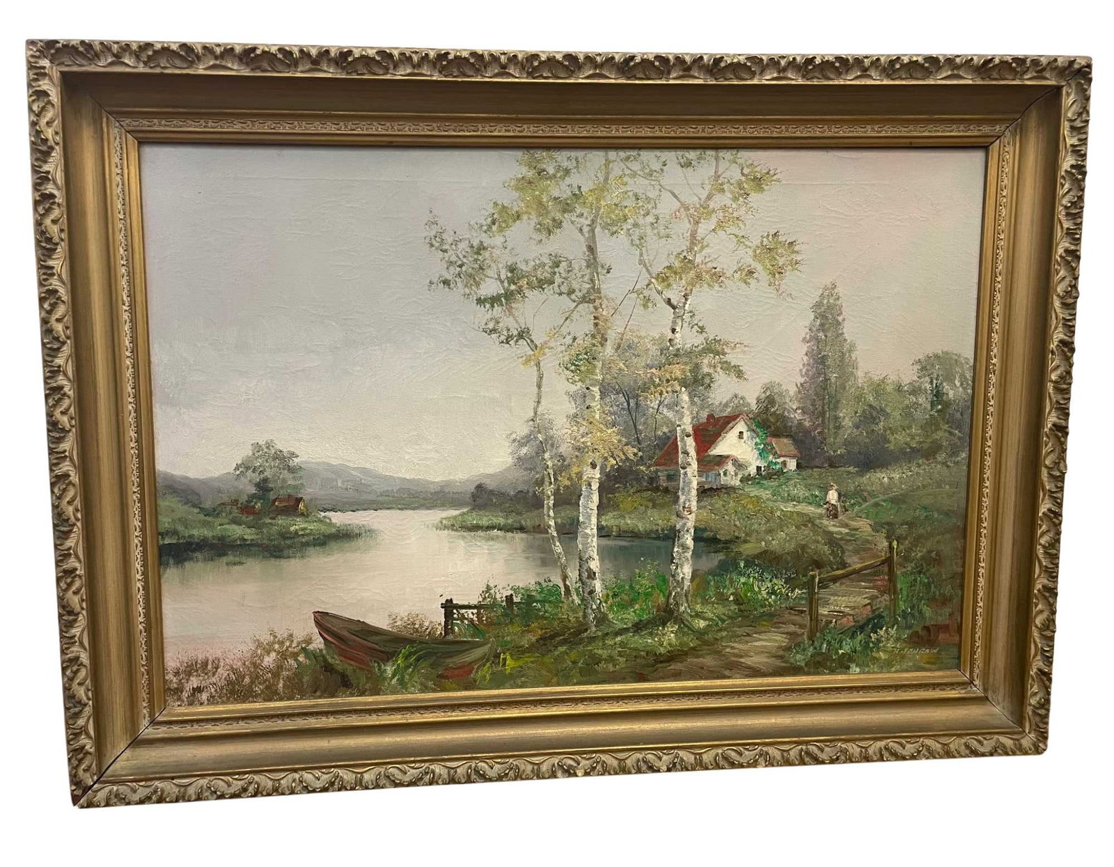 MOUNTAIN HILLS COTTAGE LAKESIDE DECORATIVE LANDSCAPE OIL PAINTING Early 20th cent, (1 of 10)