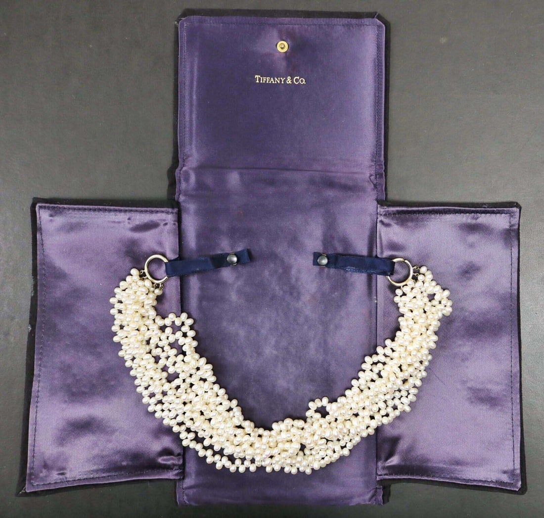 PALOMA PICASSO TIFFANY & CO. 8 STRAND PEARL & SILVER TORSADE CHOKER NECKLACE A Fine Rare Vintage: PALOMA PICASSO TIFFANY & CO. 8 STRAND PEARL & SILVER TORSADE CHOKER NECKLACE A Fine Rare Vintage Paloma Picasso Tiffany & Co. 8 Strand Pearl and Sterling Silver Torsade Choker Necklace; marked 'Tiffan