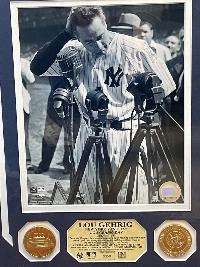 LOU GEHRIG NEW YORK YANKEES LUCKIEST MAN COMMEMORATIVE BW PHOTO w/ MLB COA Limited edition: LOU GEHRIG NEW YORK YANKEES LUCKIEST MAN COMMEMORATIVE BW PHOTO w/ MLB COA Limited edition 350/1939, 8 x 10 in. black & white photo professionally matted and framed with his All-Star, MVP, Triple Crow