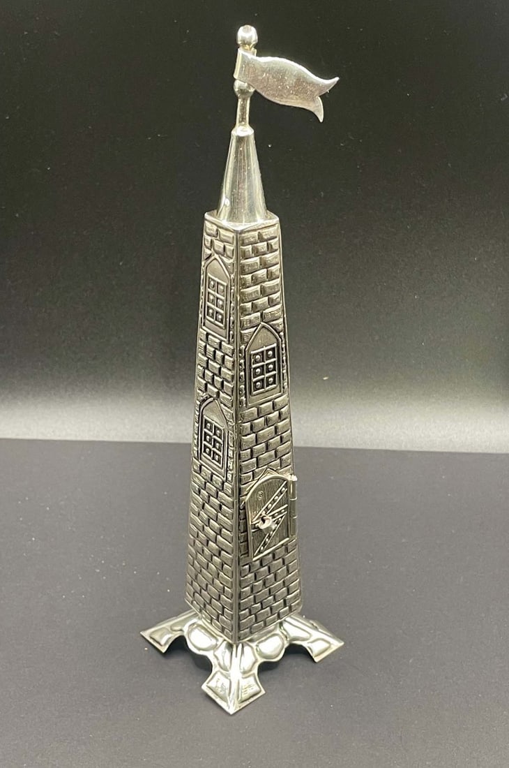 MEDIEVAL TOWER FORM STERLING SILVER HAVDALAH SPICE/ BESAMIM BOX Marked ''STERLING 925'', high (1 of 8)
