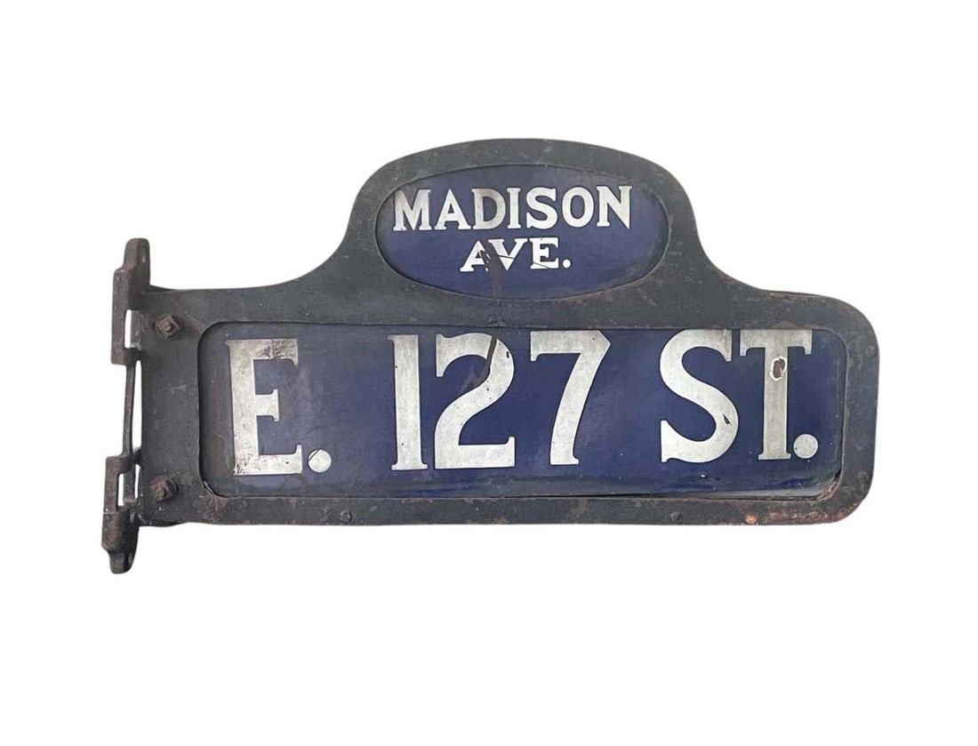 RARE PORCELAIN HUMPBACK STREET SIGN E. 127 ST. & MADISON AVE. NEW YORK CITY, NYC Ca. 1920 A Fine (1 of 11)