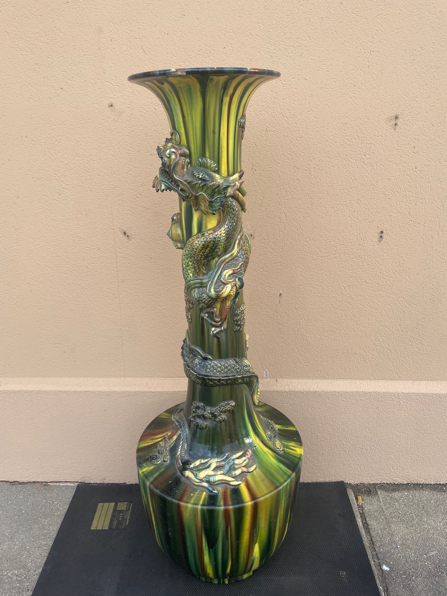 MONUMENTAL AWAJI POTTERY DRAGON VASE In DRAMATIC FORM w/ YELLOW/GREEN/BROWN FLAMBE GLAZE, Circa (1 of 19)