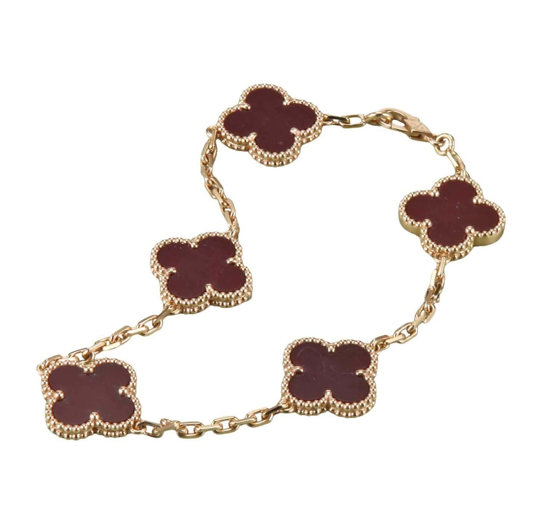 VAN CLEEF & ARPELS ALHAMBRA BRACELET, 5 MOTIFS 18K YELLOW GOLD, CARNELIAN, Box & Coa Papers VCA: VAN CLEEF & ARPELS ALHAMBRA BRACELET, 5 MOTIFS 18K YELLOW GOLD, CARNELIAN, Box & Coa Papers VCA DETAILS: - Length: 7-1/2 in. - Width: 15 mm. - Metal Type: 18K Yellow Gold - Marks: Designer Signature, 