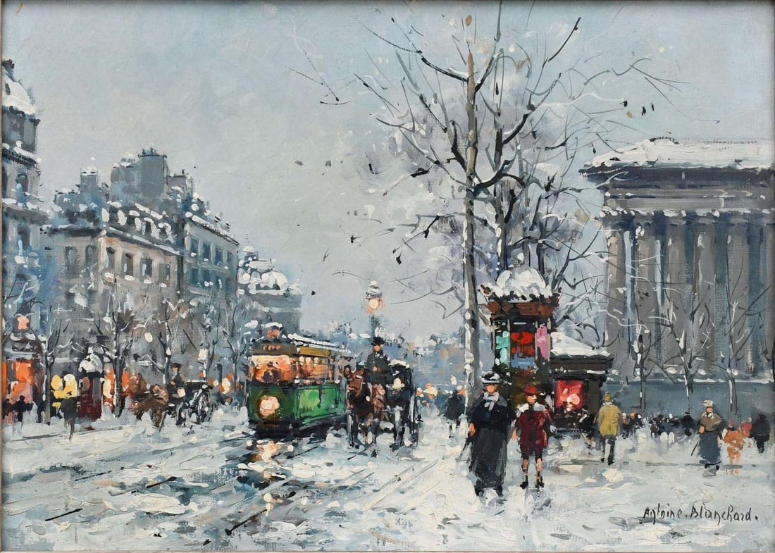 ANTOINE BLANCHARD MARCHE AUX FLEURS DE LA MADELEINE 13 X 18 PARIS WINTER OIL PAINTING ANTOINE (1 of 5)