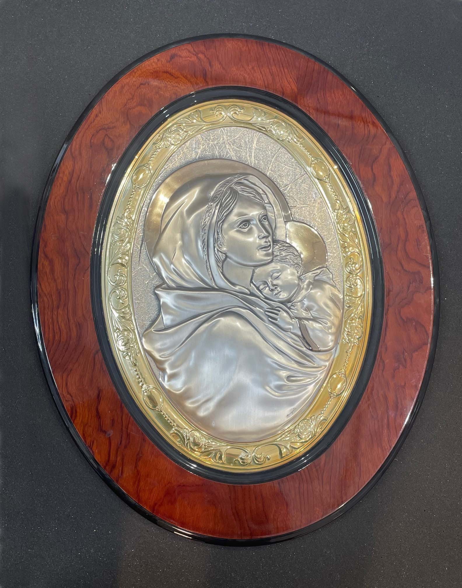 SIGNED ITALIAN SILVER VIRGIN MOTHER WITH CHILD ON EXOTIC WOOD PLAQUE Signed, ''Romagnolia'' lower (1 of 6)