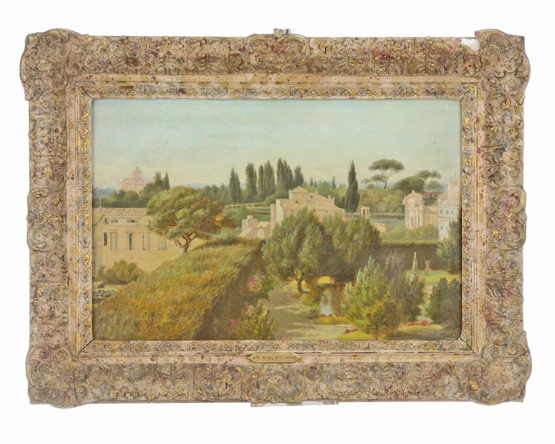 ATTRIBUTED: SAMUEL SIDLEY (1829 - 1896) pair : COTTAGE & TUDORS & BARBERINI GARDEN OIL PAINTING: ATTRIBUTED: SAMUEL SIDLEY (1829 - 1896) pair : COTTAGE & TUDORS & BARBERINI GARDEN OIL PAINTING Attributed: Samuel Sidley United Kingdom: (1829 - 1896) Pair: Cottage & Tudor(s) & Barberini Gardens; Ro