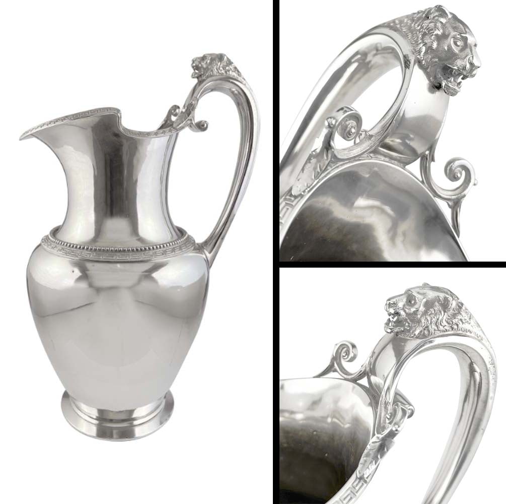 Attrib. To JOHN WENDT STERLING SILVER WATER PITCHER w/ CAST LION HEAD HANDLE, NEW YORK, ca 1865 (1 of 9)
