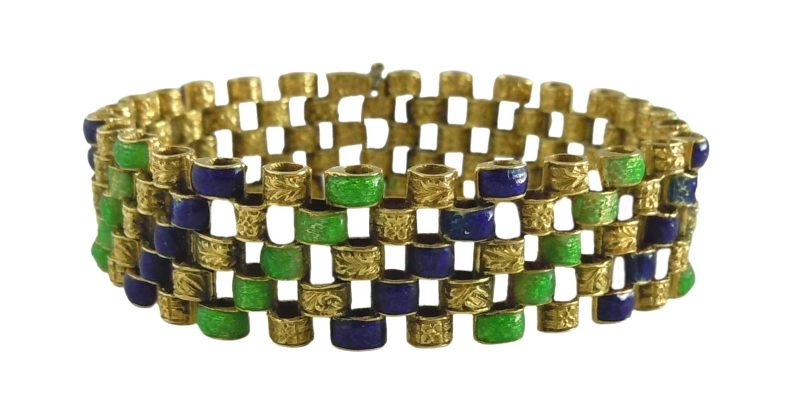18K GOLD ENAMEL BREVETTO WIDE LINK BRACELET 42.2 Gr, Italian 750 18Kt A Stunning circa 1960: 18K GOLD ENAMEL BREVETTO WIDE LINK BRACELET 42.2 Gr, Italian 750 18Kt A Stunning circa 1960 Italian Made Estate 18K Yellow Gold Blue and Green Enamel BREVETTO Wide Link Statement Bracelet; marked '750