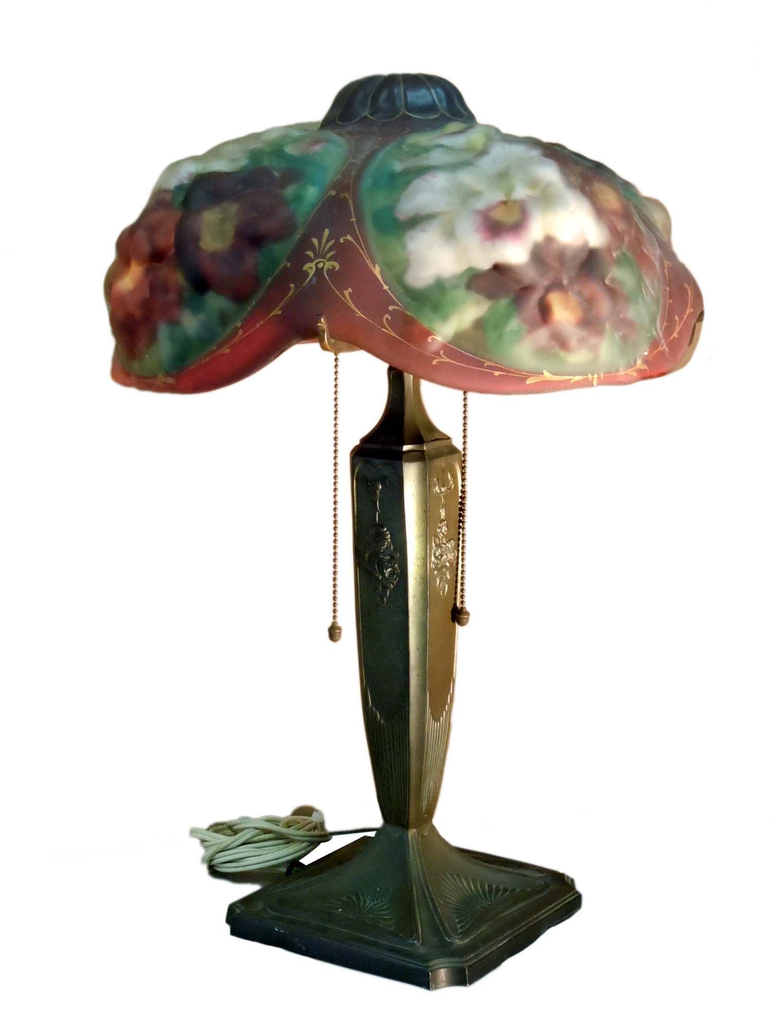 PAIRPOINT PUFFY TABLE LAMP OXFORD SHADE REVERSE-PAINTED Closed top reverse-painted with roses, (1 of 12)