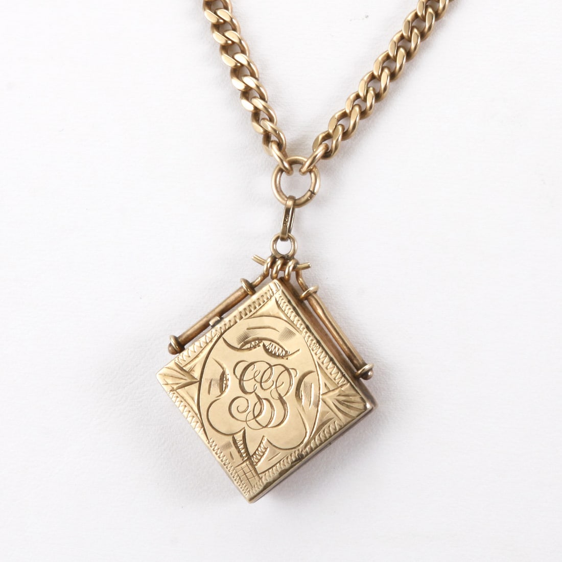 14Kt GOLD ENGRAVED SQUARE HINGED LOCKET PENDANT on CHAIN LINK NECKLACE 33.7Gr. Marked '14K PEIKES: 14Kt GOLD ENGRAVED SQUARE HINGED LOCKET PENDANT on CHAIN LINK NECKLACE 33.7Gr. Marked '14K PEIKES 1917' This fine and rare Edwardian Era 1917 (14) karat gold 14kt Yellow Gold Engraved Square Hinged Lo