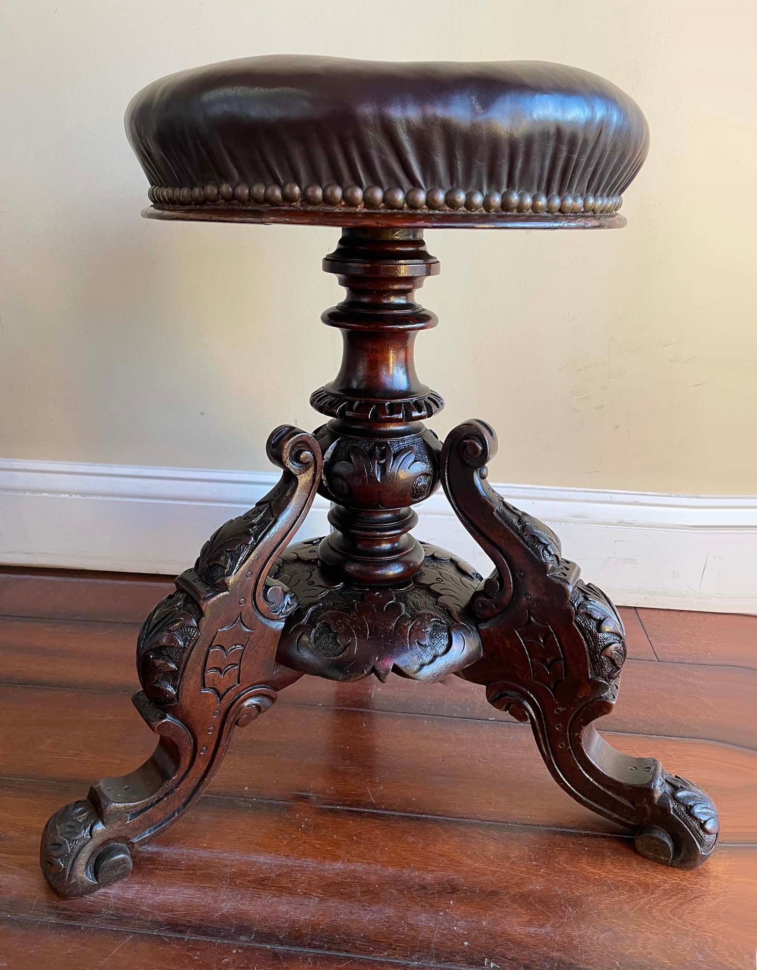 CHESTERFIELD STYLE ANTIQUE 19TH CENTURY VICTORIAN CARVED MAHOGANY TUFTED LEATHER SWIVEL PIANO STOOL (1 of 13)