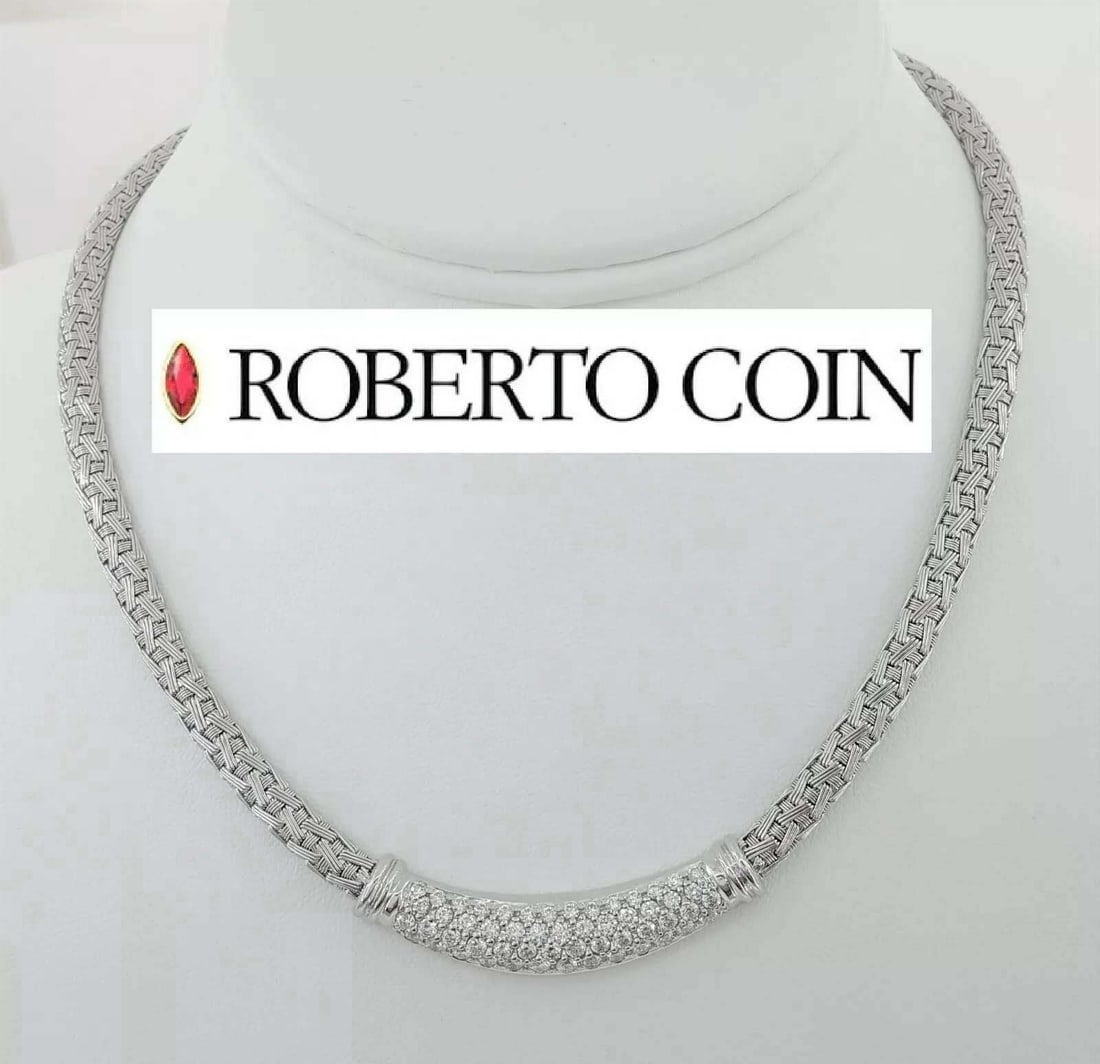 ROBERTO COIN PAVE DIAMOND 18K WHITE GOLD BASKET WEAVE CHOKER NECKLACE 2.98 ct 43.6 Gr. Clasp: ROBERTO COIN PAVE DIAMOND 18K WHITE GOLD BASKET WEAVE CHOKER NECKLACE 2.98 ct 43.6 Gr. Clasp Stamped, ''18KT ITALY *1226 VI'' The Necklace weigh 43.6 grams, centered with 54 round brilliant cut diamon