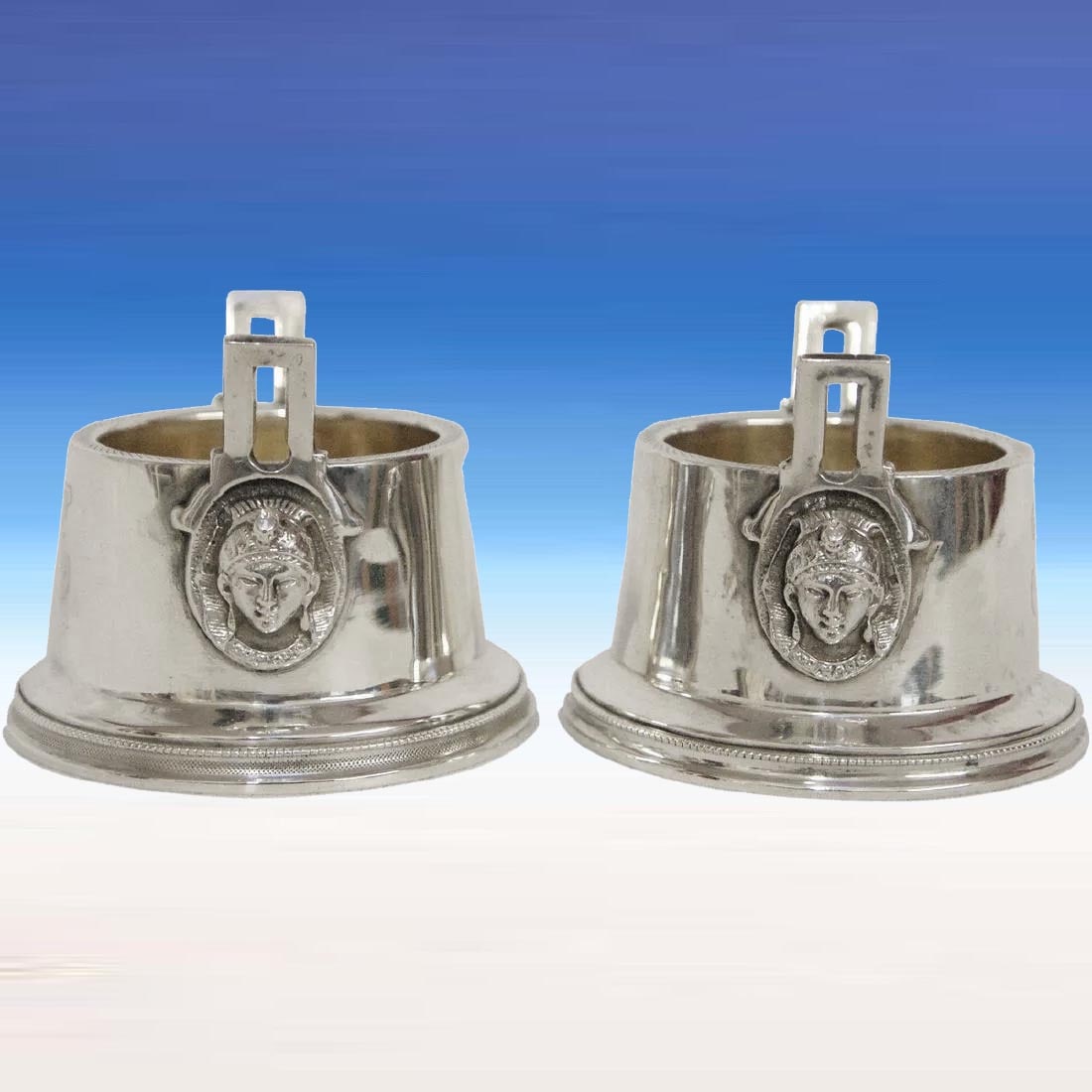 EGYPTIAN REVIVAL WOOD & HUGES COIN 900 SILVER OPEN SALTS c. 1855, Pharaoh Head A Pair of Egyptian (1 of 10)