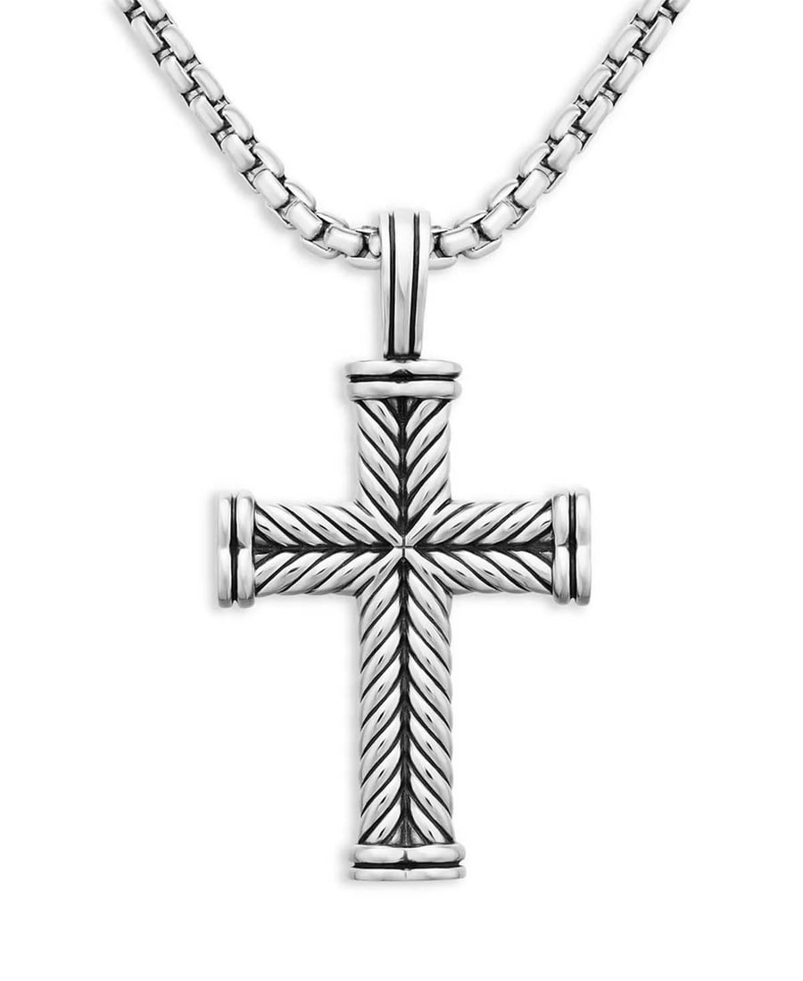 DAVID YURMAN MEN'S CHEVRON CROSS PENDANT IN STERLING SILVER Marked, ''DY'' on the back, 1-3/4 In.: DAVID YURMAN MEN'S CHEVRON CROSS PENDANT IN STERLING SILVER Marked, ''DY'' on the back, 1-3/4 In. Height x 1 In. Width. (Bail Fits up to 4mm chain). ****NOTE: Chain necklace sold separately in the nex