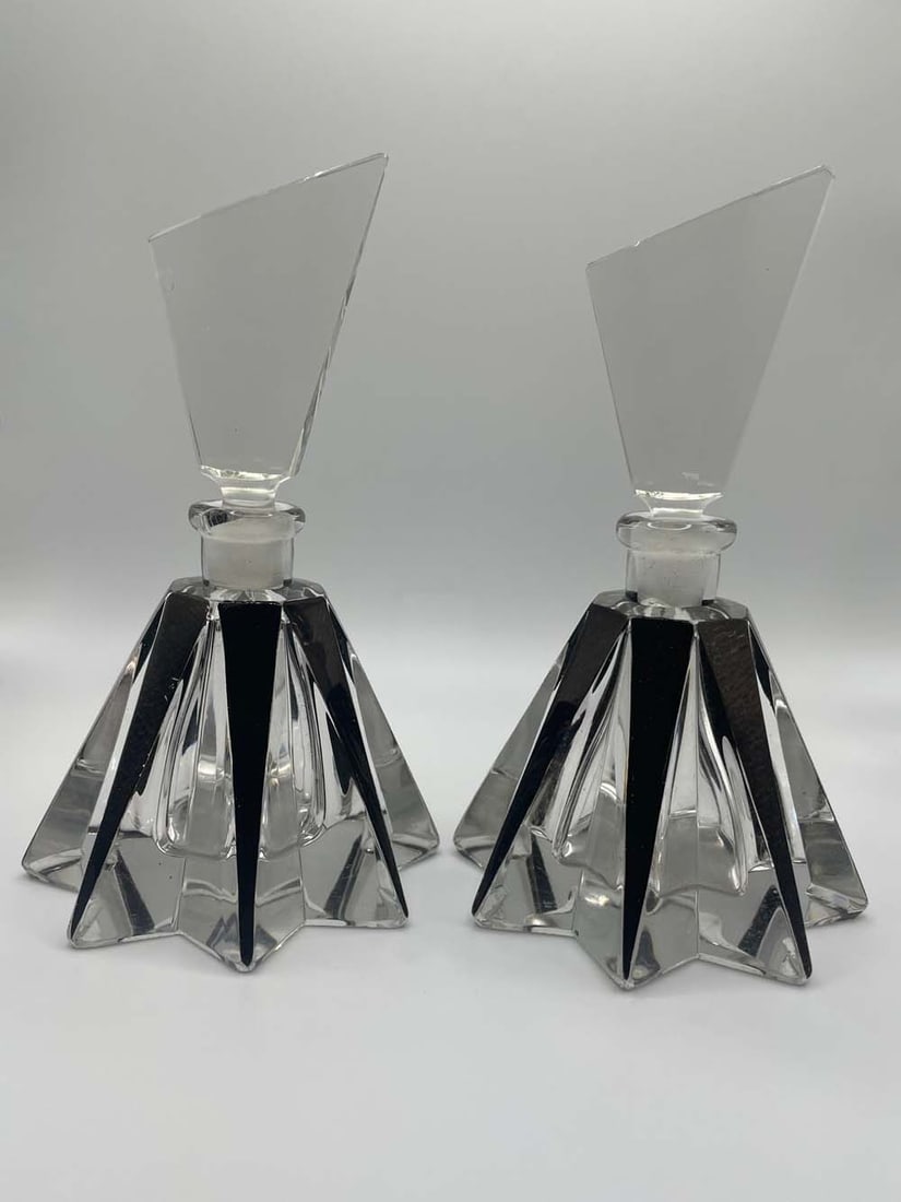 KARL PALDA Style Pr TRIANGULAR GEOMETRIC CZECH ART DECO BLACK ENAMEL CRYSTAL PERFUME BOTTLES,: KARL PALDA Style Pr TRIANGULAR GEOMETRIC CZECH ART DECO BLACK ENAMEL CRYSTAL PERFUME BOTTLES, Ca.1930S CZECHOSLOVAKIA Clean geometric lines on black enamel. Vintage Bohemian, Czech crystal Circa 1930'
