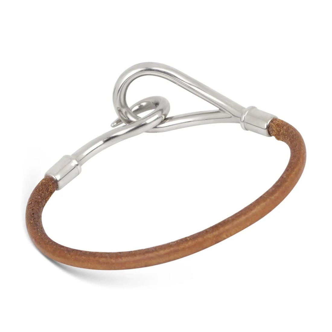 UNISEX HERMES JUMBO HOOK ''BROWN LEATHER'' BRAIDED BRACELET, PALLADIUM PLATED An authentic Hermes: UNISEX HERMES JUMBO HOOK ''BROWN LEATHER'' BRAIDED BRACELET, PALLADIUM PLATED An authentic Hermes Jumbo Hook Brown Leather Braided Bracelet, crafted in palladium plated silver tone metal, further deco