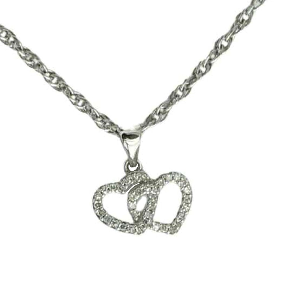 10KT WHITE GOLD DIAMOND DOUBLE HEARTS CHARM PENDANT marked ''10K'' and would make an impressive: 10KT WHITE GOLD DIAMOND DOUBLE HEARTS CHARM PENDANT marked ''10K'' and would make an impressive gift or addition to any fine collection. DETAILS: - SIZE: 5/8 In. Height (with bail) x 1/2 In. Width. - 