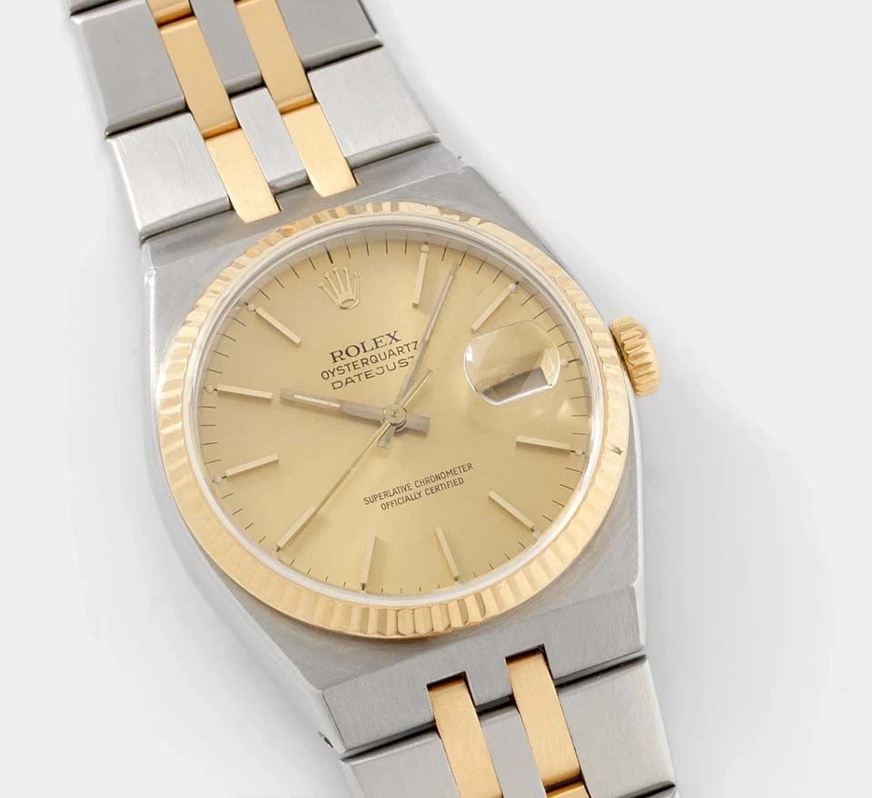ROLEX 36MM 17013 OYSTERQUARTZ DATEJUST 18K YELLOW GOLD & STEEL CHAMPAGNE DIAL An Outstanding Rare (1 of 14)