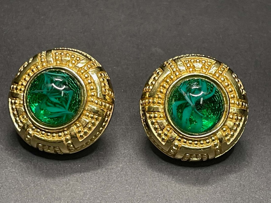 c1990 PAIR OF CHRISTIAN DIOR GOLD TONE COUTURE GREEN GRIPOIX EARRINGS Pair of Christian Dior Gold: c1990 PAIR OF CHRISTIAN DIOR GOLD TONE COUTURE GREEN GRIPOIX EARRINGS Pair of Christian Dior Gold Tone Couture Green Gripoix, earrings w/th Omega Backs. This pair of earrings is a true show stopping p