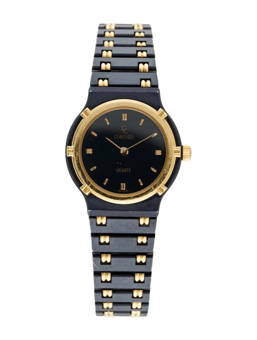 18K & PVD STAINLESS LADIES CONCORD LA COSTA SWISS QUARTZ WATCH The Concord La Costa in black and: 18K & PVD STAINLESS LADIES CONCORD LA COSTA SWISS QUARTZ WATCH The Concord La Costa in black and gold is a vintage-inspired luxury watch, often featuring black PVD stainless steel, an 18k yellow gold 