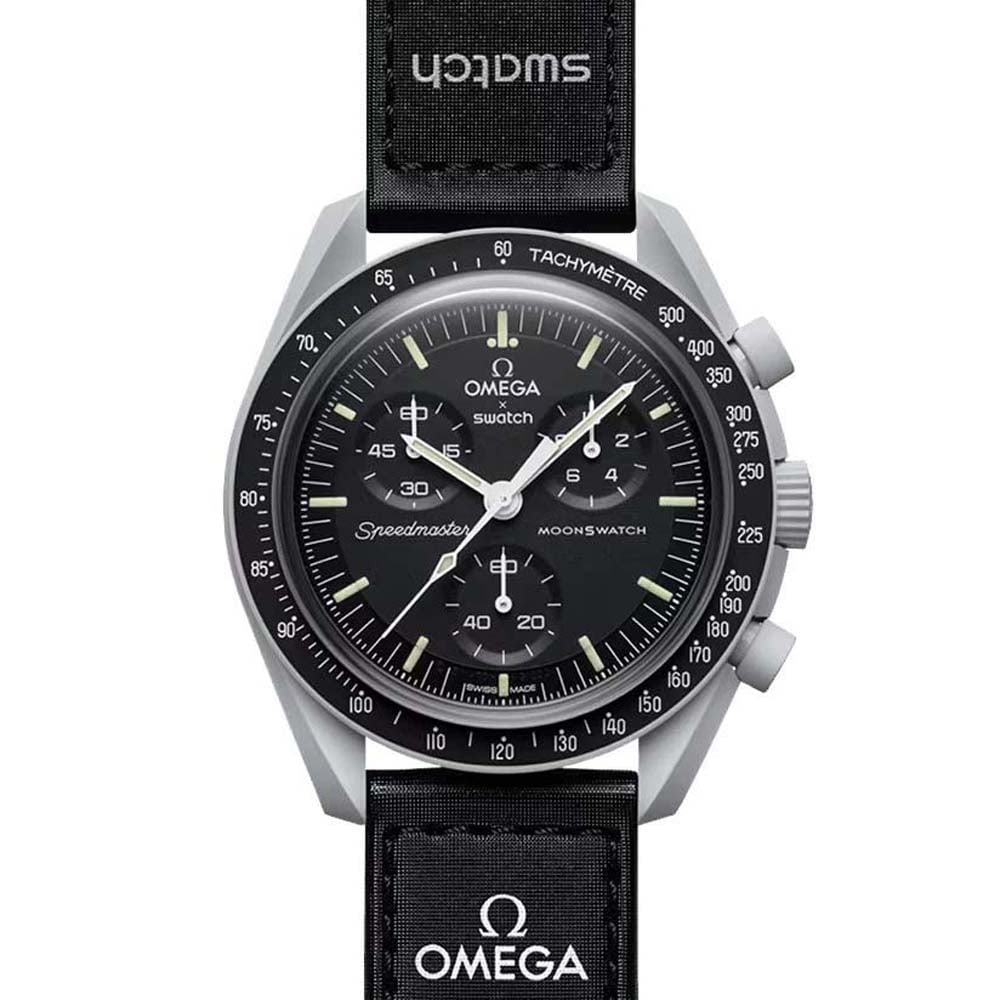 OMEGA X SWATCH MISSION TO THE MOON 42MM SO33M100 Box & Papers This steel gray non-limited watch: OMEGA X SWATCH MISSION TO THE MOON 42MM SO33M100 Box & Papers This steel gray non-limited watch is complete with a black VELCRO strap. All the hands and tachymeter scale are in white, just like in the