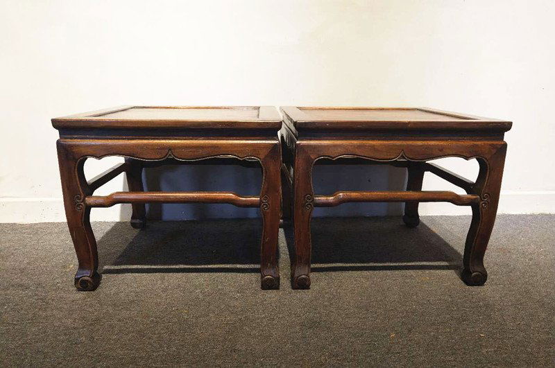 Pair Antique Chinese Huanghuali Wood Square Low Stools (1 of 8)