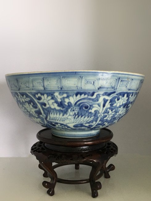 Rare Large Antique Chinese B&W Phoenix Bowl (1 of 9)