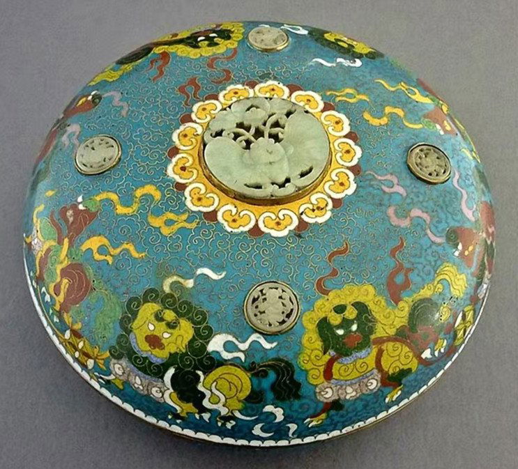 Large Chinese Cloisonné Enamel Box w Jade 19th C (1 of 9)
