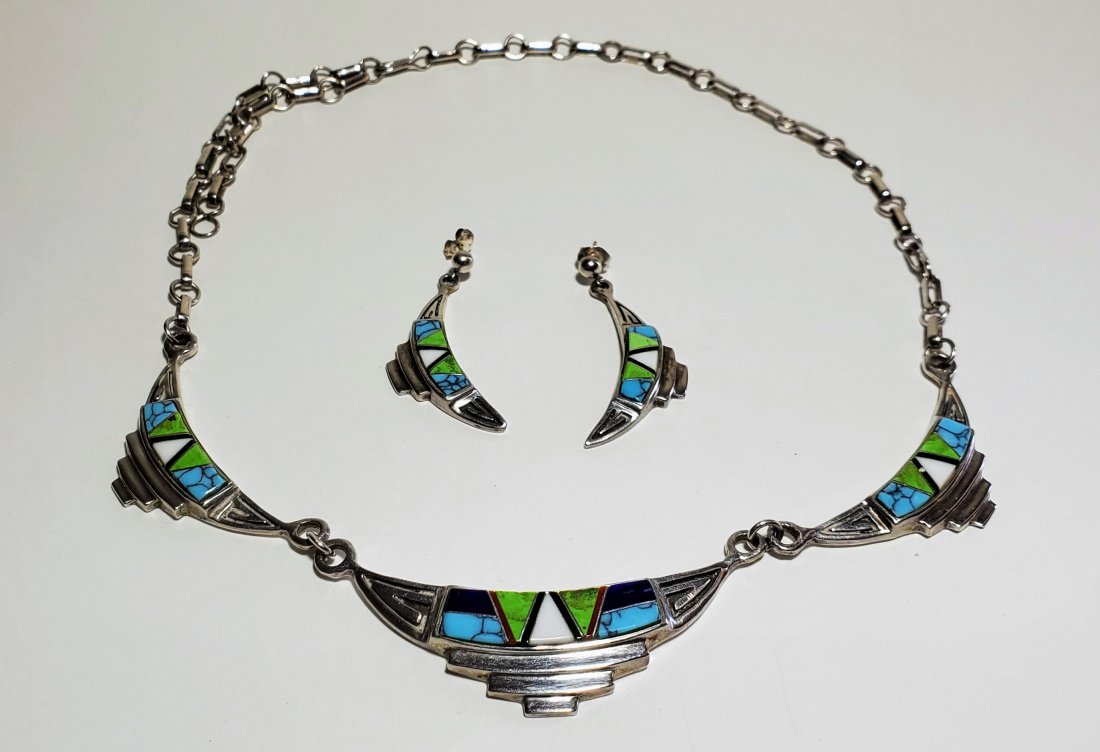Inlay on Silver Necklace & Earrings by Rick Tolino: Exquisitely crafted Native American turquoise inlay on sterling silver necklace and earring set by Rick Tolino has a simple geometric design that is both delicate looking and bold.