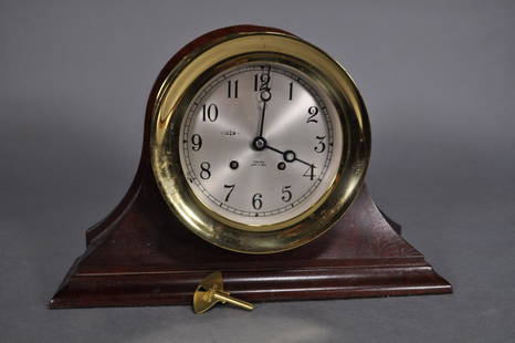 Chelsea Ship's Bell Clock, 7 1/4", Mahogany Case: wound, cannot hear the movement, can hear chimes, Brass, W/key, No. 848425, Case 14" X 4"d X 9 1/2"t