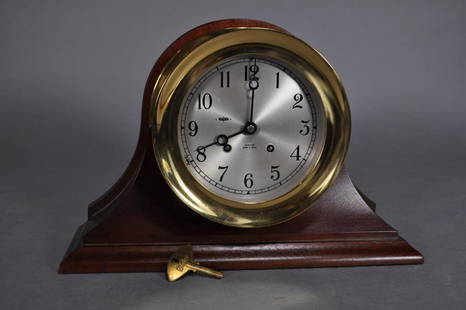 Chelsea Ship's Bell Clock, 7 1/4", Mahogany Case: wound, cannot hear the movement, can hear chimes, Brass, W/key, No. 868354, Case 14" X 4"d X 9 1/2"t