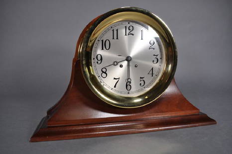 Chelsea Ship's Bell Clock, 10", Mahogany Case: wound, can hear the movement and chimes, No. 877917, Brass, W/key