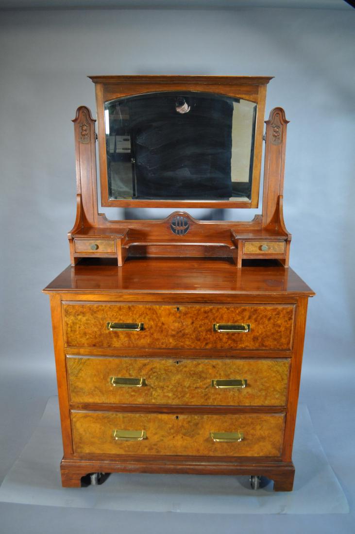 Antique Dresser + Mirror, Whittle & Sons Cabinet: Makers, Whitehaven, 3 Drawer, Dovetail, Mahogany Top And Sides, Burl Fronts, Brass Hardware(not Original), Marked K-653, Drawers Move Easily, Top Drawer Stamped Rd 464577 Whittle & Sons, 36" X 20 3/4"