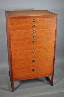 High Chest of Drawers by Borge Mogensen, 1960s: P. Lauritzen, Aalestrup. 27 5/8" X 19 3/4" X 47 3/4", Four 3" Drawers, Four 6" Drawers, Dovetail, Brass Circle Pull Inset, Flush Mounted, Dado Drawer Glides, Drawers Slide Smooth.