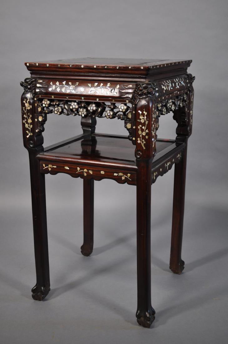 Abalone Inlay Rosewood Table, Carved Floral Skirt,: Carved Dragons, Heavy For Its Size, Ball And Claw Feet, One Lower Panel Missing, 17" X 17" X 31 1/2".