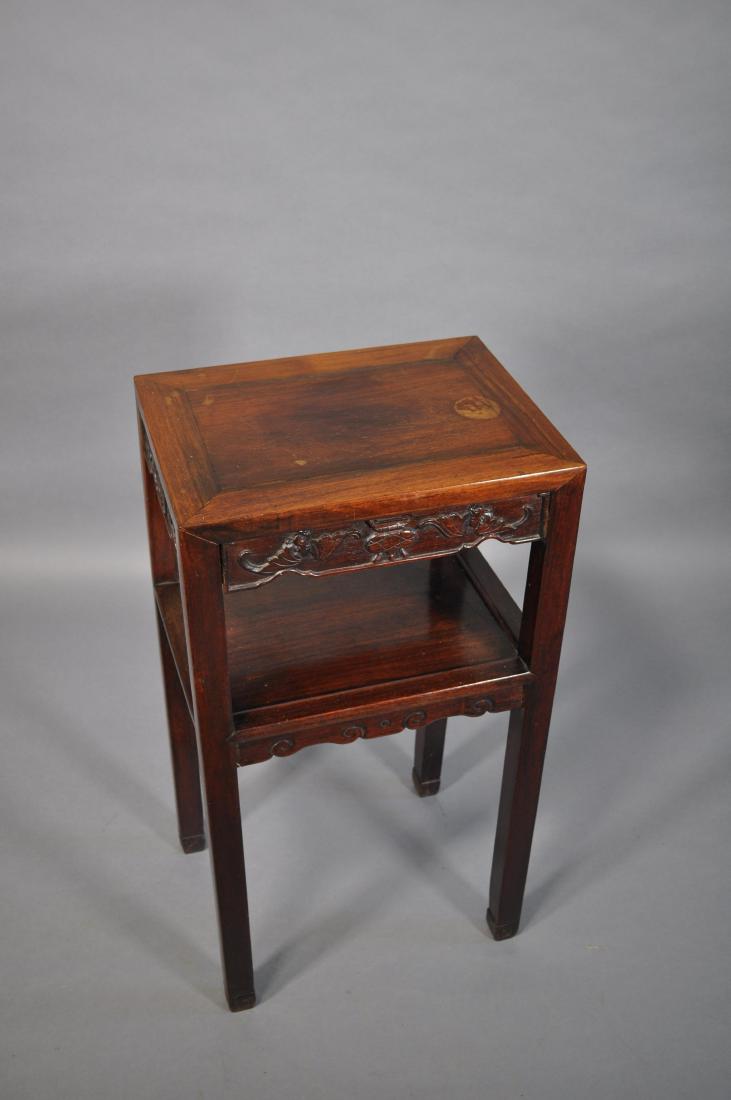 Chinese Rosewood Tea Table, Carved Bats & Shou: 16 1/4" X 12" X 31 1/4", Worn Finish On Top.