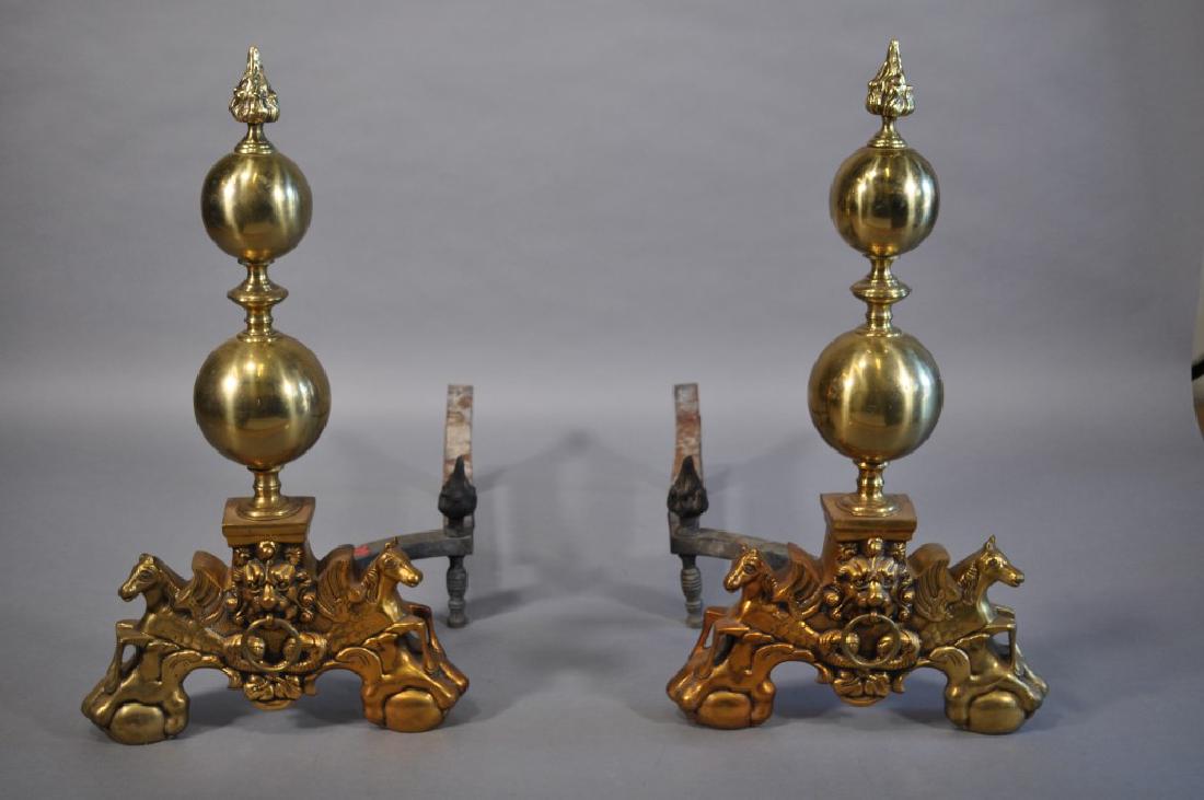 Monumental English Fireplace Andirons, Seahorse: , Lion Heads With Rings, Double Cannonballs, Flame Finials, 16x30x28".