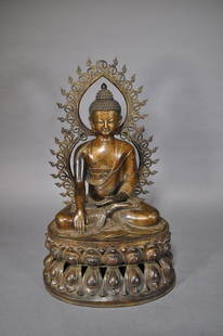 Bronze Seated Buddha Shakyamuni On Lotus,: 31" Tall Overall, Base 19x14x9"t, Buddha 16x10x19"